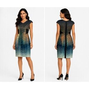Karen Millen Black Illusion Ombre Panel Cap Sleeve Pencil Sheath Dress Size 8 US